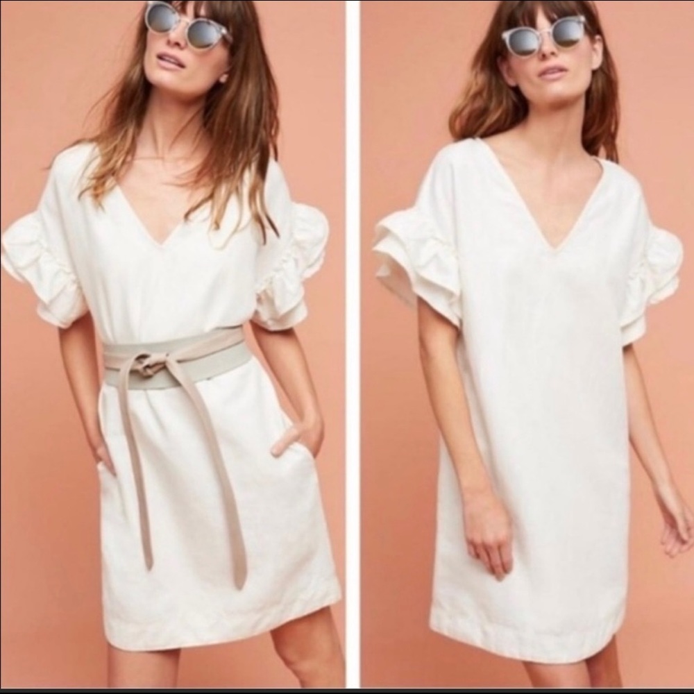 Anthropologie Maeve Linen Cream Flutter Dress M/ L